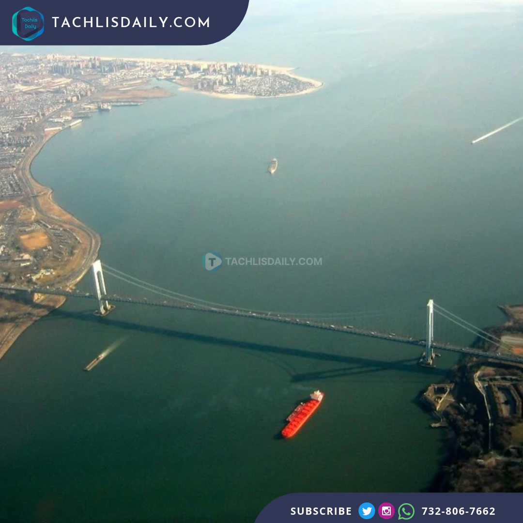 An aerial view of the Verrazzano-Narrows Bridge between Staten Island and Brooklyn.