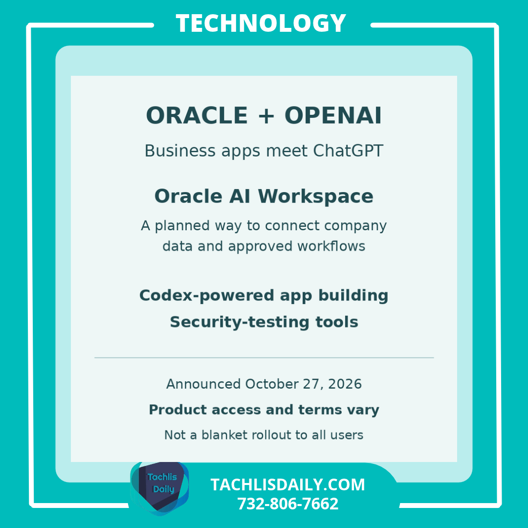 Oracle and OpenAI announcement: planned business app connections in ChatGPT, Codex app building and security tools. Product access and terms vary.
